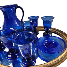 Load image into Gallery viewer, Suite of 6 glasses, 1 carafe and 1 vintage cup in mouth-blown blue glass, Egyptian craftsmanship
