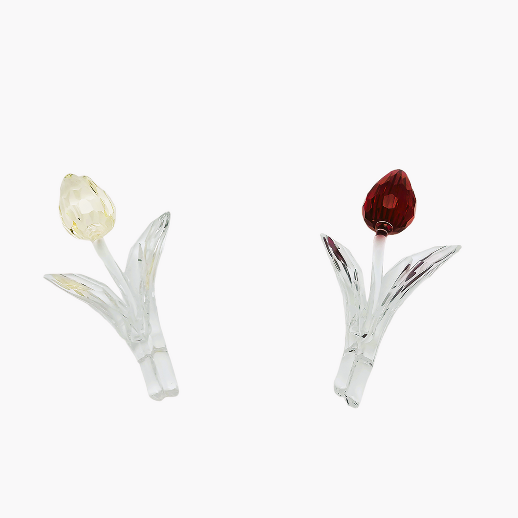 Swarovski. Duo vintage rode en gele miniatuurtulpen in geslepen kristal