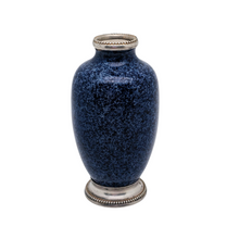 Charger l'image dans la galerie, Petit vase soliflore émaillé bleu moucheté, monture en métal argenté, inspiration Sèvres, Europe centrale vers 1930 Le Charme des Violettes - Brocante en ligne
