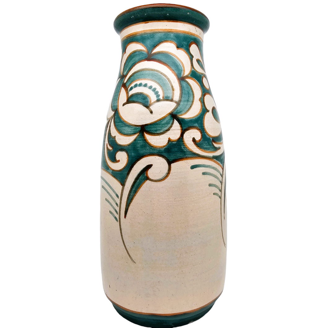 Vase Art déco en grès, décor fleurs turquoises, années 1920-1930