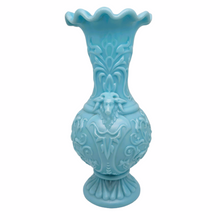 Load image into Gallery viewer, Portieux Vallerysthal 19th century. Turquoise opaline glass vase with ram heads and arabesques
