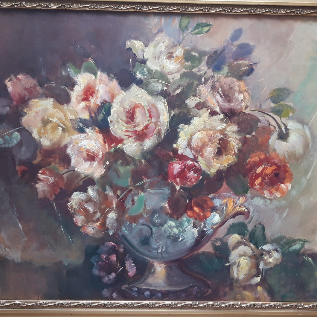 Oil on panel signed: Bouquet of romantic roses