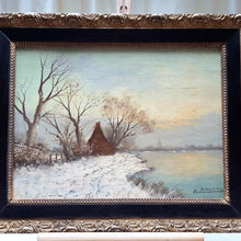 Charger l&#39;image dans la galerie, Huile sur panneau signée : Paysage sous la neige
