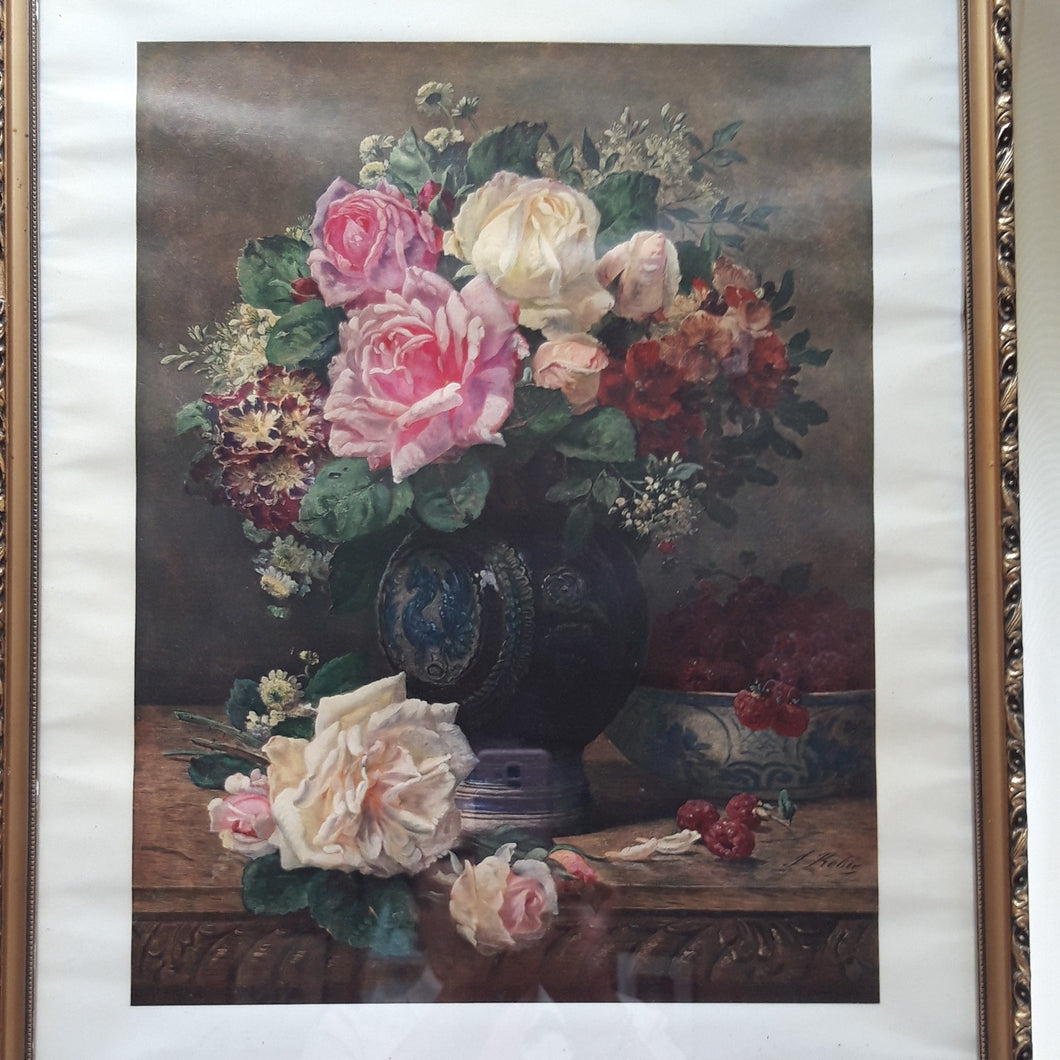 Chromo encadré : Bouquet de roses dans un vase