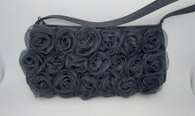 Load image into Gallery viewer, Vintage black satin evening bag trimmed with tulle roses
