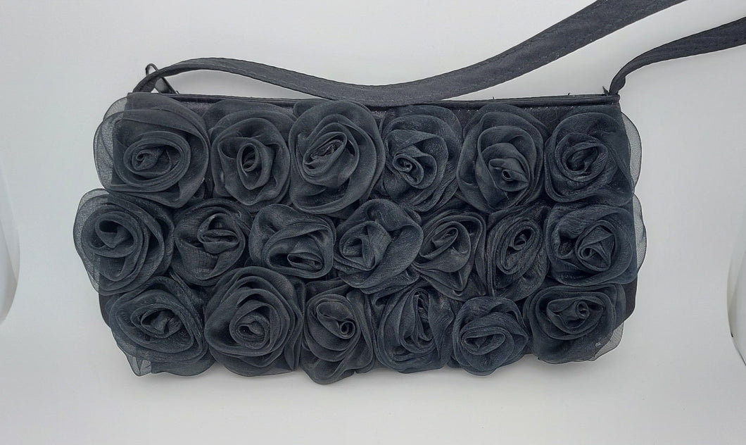 Vintage black satin evening bag trimmed with tulle roses