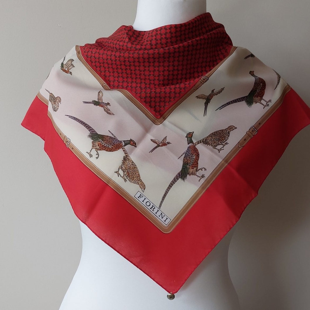 Vintage silk scarf with pheasant motifs by Fiorini