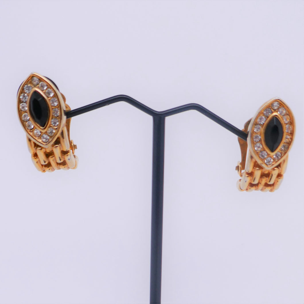 Boucles d'oreilles clips vintage dorées, strass et pierre noire